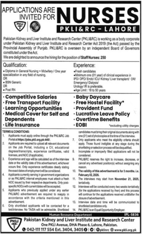 PKLI Jobs 2025 | Staff Nurse Jobs in Lahore